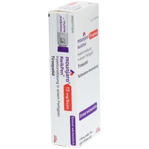 Box of Mounjaro 15mg KwikPen on pharmacy shelf indicating local availability