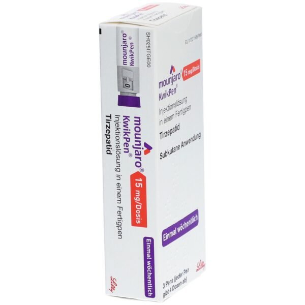 Box of Mounjaro 15mg KwikPen on pharmacy shelf indicating local availability