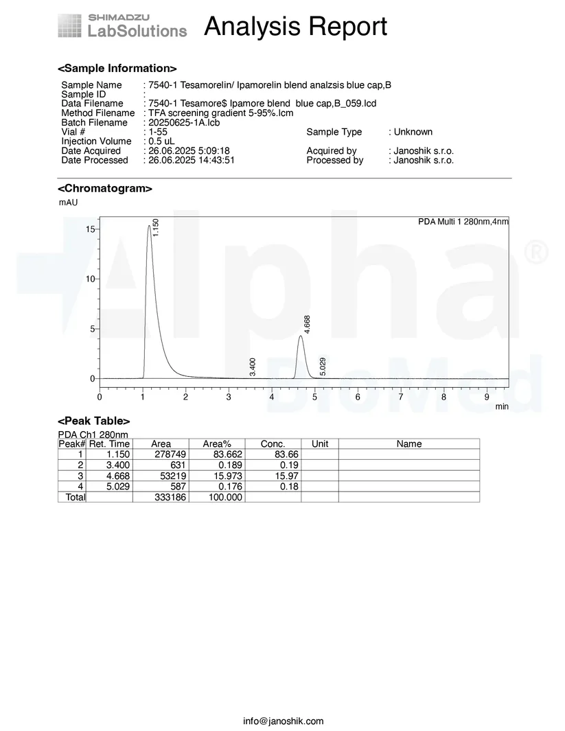 Alpha Biomed Tesamorelin Ipamorelin Blend (10 mg / 5 mg) – Premium Research Peptide Close-up of Tesamorelin 10mg and Ipamorelin 5mg peptide injection vials