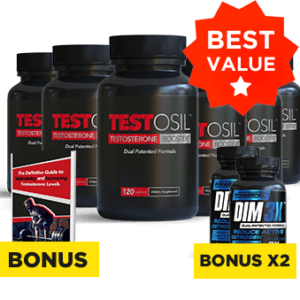 Six bottles of Testosil natural testosterone booster supplement for muscle growth and energy