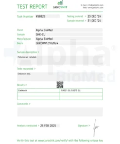 Alpha BioMed GHK-Cu 50mg test report by Janoshik showing endotoxin analysis and batch verification for copper peptide quality.”
