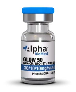 GLOW 50 Peptide Injection vial containing GHK-Cu, BPC-157, and TB500 for skin rejuvenation and collagen stimulation.