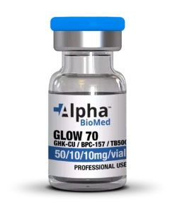 GLOW 70 vial featuring the GHK-Cu-BPC157-TB500 Peptide Blend for advanced skin rejuvenation.