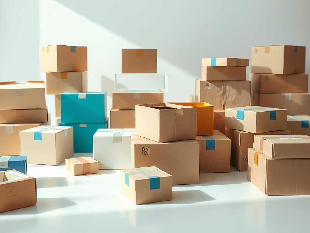 Return policy A collection of various cardboard boxes in different sizes and colors, arranged together on a white surface, with natural light illuminating the scene.