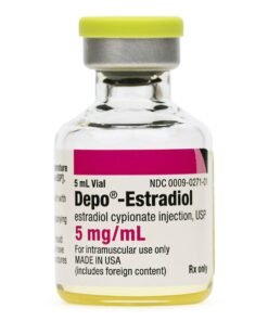 A 5 mL vial of Depo-Estradiol (estradiol cypionate injection, 5 mg/mL) with a yellow cap and labeled for intramuscular use only.”