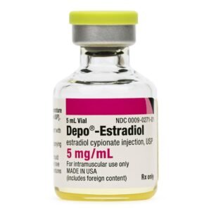 A 5 mL vial of Depo-Estradiol (estradiol cypionate injection, 5 mg/mL) with a yellow cap and labeled for intramuscular use only.”