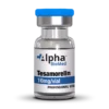 buy tesamorelin 100gm online A test report for Tesamorelin with a vial of Tesamorelin from Alpha BioMed. The test results show purity and weight measurements for the peptide.