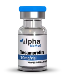 buy tesamorelin 100gm online A test report for Tesamorelin with a vial of Tesamorelin from Alpha BioMed. The test results show purity and weight measurements for the peptide.