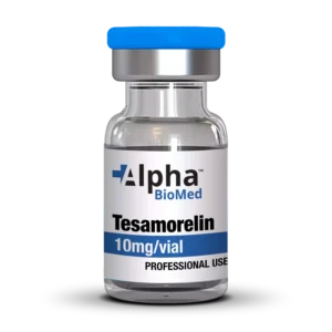 buy tesamorelin 100gm online A test report for Tesamorelin with a vial of Tesamorelin from Alpha BioMed. The test results show purity and weight measurements for the peptide.