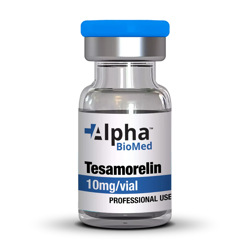 Tesamorelin Test Report and Vial Image buy tesamorelin 100gm online A test report for Tesamorelin with a vial of Tesamorelin from Alpha BioMed. The test results show purity and weight measurements for the peptide.
