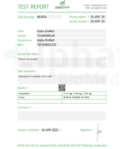 A test report for Tesamorelin with a vial of Tesamorelin from Alpha BioMed. The test results show purity and weight measurements for the peptide.
