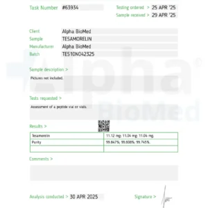A test report for Tesamorelin with a vial of Tesamorelin from Alpha BioMed. The test results show purity and weight measurements for the peptide.