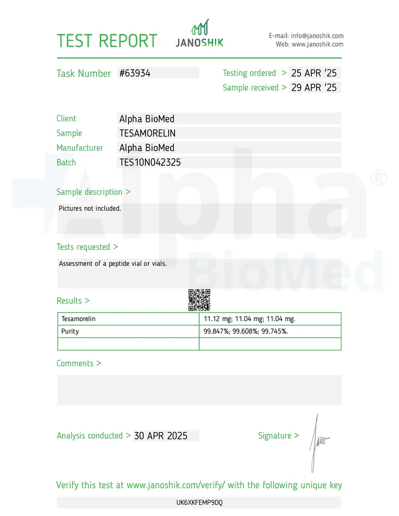 Tesamorelin Test Report and Vial Image A test report for Tesamorelin with a vial of Tesamorelin from Alpha BioMed. The test results show purity and weight measurements for the peptide.
