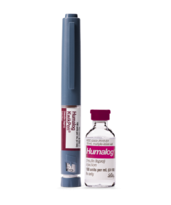 Humalog KwikPen 100ml insulin pen with needle, dosing guide, and coupon for diabetes management