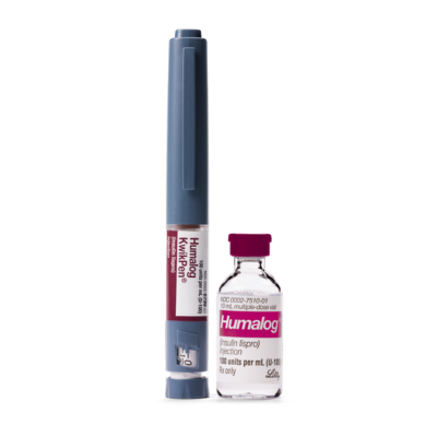 Humalog KwikPen 100ml insulin pen with needle, dosing guide, and coupon for diabetes management