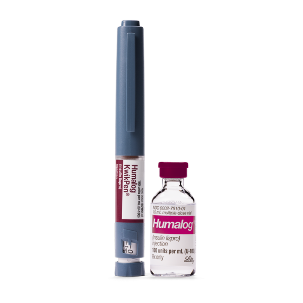 Humalog KwikPen 100ml insulin pen with needle, dosing guide, and coupon for diabetes management