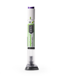 Zepbound 2.5 mg/0.5 ml prefilled syringe, clear liquid medication, labeled with dosage and brand name, designed for subcutaneous injection.