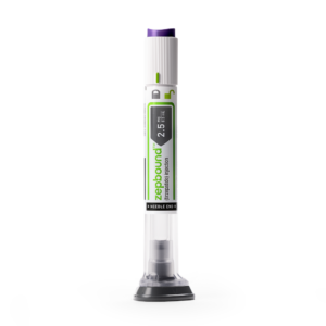 Zepbound 2.5 mg/0.5 ml prefilled syringe, clear liquid medication, labeled with dosage and brand name, designed for subcutaneous injection.
