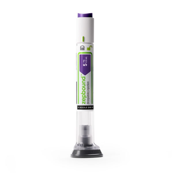 Zepbound 5mg/0.5ml prefilled syringe containing clear tirzepatide solution, labeled with brand name and dosage, for subcutaneous injection.