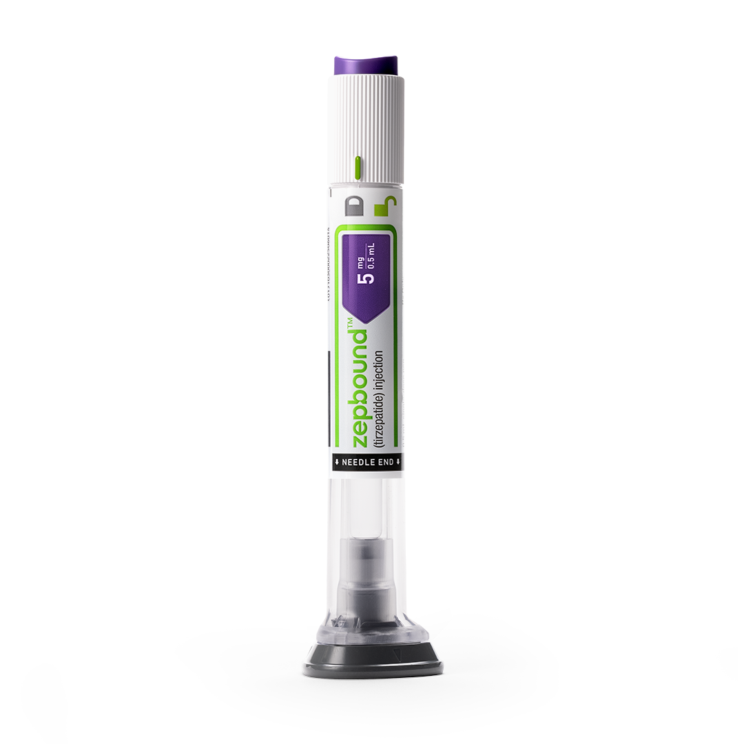 Zepbound 5mg/0.5ml Prefilled Syringe Zepbound 5mg/0.5ml prefilled syringe containing clear tirzepatide solution, labeled with brand name and dosage, for subcutaneous injection.