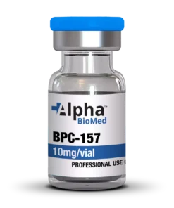 Vial of BPC-157 10mg from Alpha BioMed, labeled for professional use.