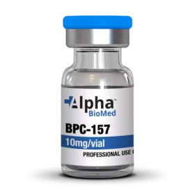 Vial of BPC-157 10mg from Alpha BioMed, labeled for professional use.