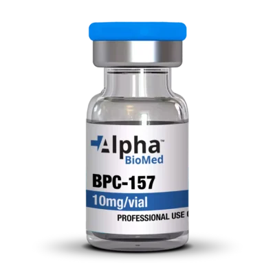 Vial of BPC-157 10mg from Alpha BioMed, labeled for professional use.