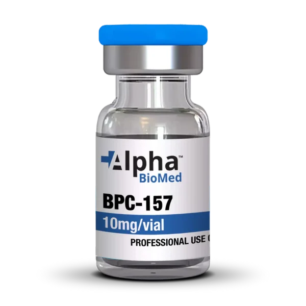 Vial of BPC-157 10mg from Alpha BioMed, labeled for professional use.