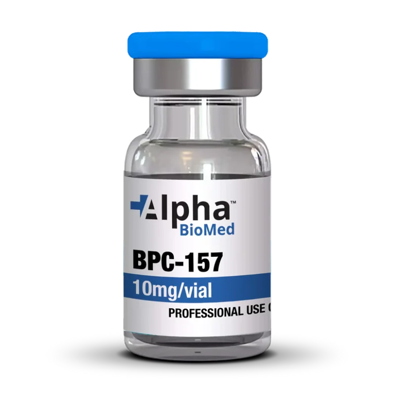 Vial of BPC-157 10mg from Alpha BioMed, labeled for professional use.