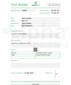 BPC-157 10mg Analysis Report from Shimadzu LabSolutions showing chromatographic data and purity results for the peptide sample, confirming the BPC-157 content.