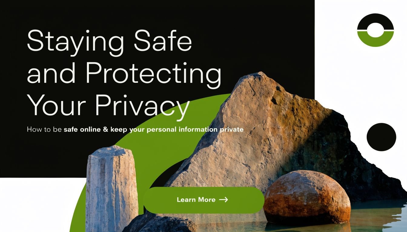 A digital graphic about staying safe and protecting personal privacy online with a natural rock landscape background.