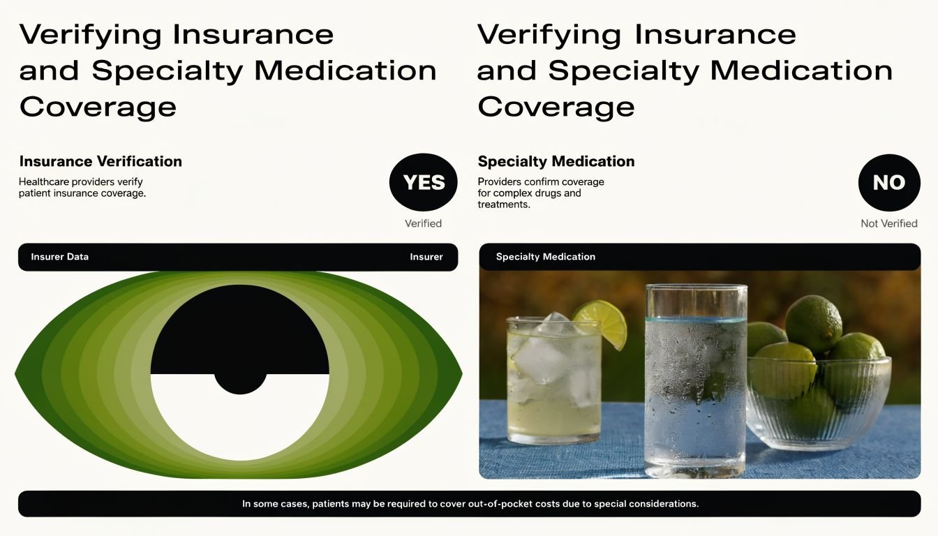 An infographic comparing insurance verification and specialty medication coverage processes with educational imagery and explanatory text.